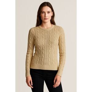 Polo Ralph Lauren Metallic Gold Cable Knit Crewneck Sweater Cotton Blend | Large